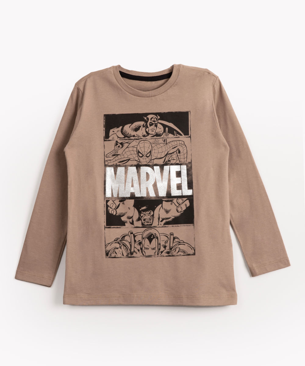 camiseta de malha infantil Marvel manga longa bege