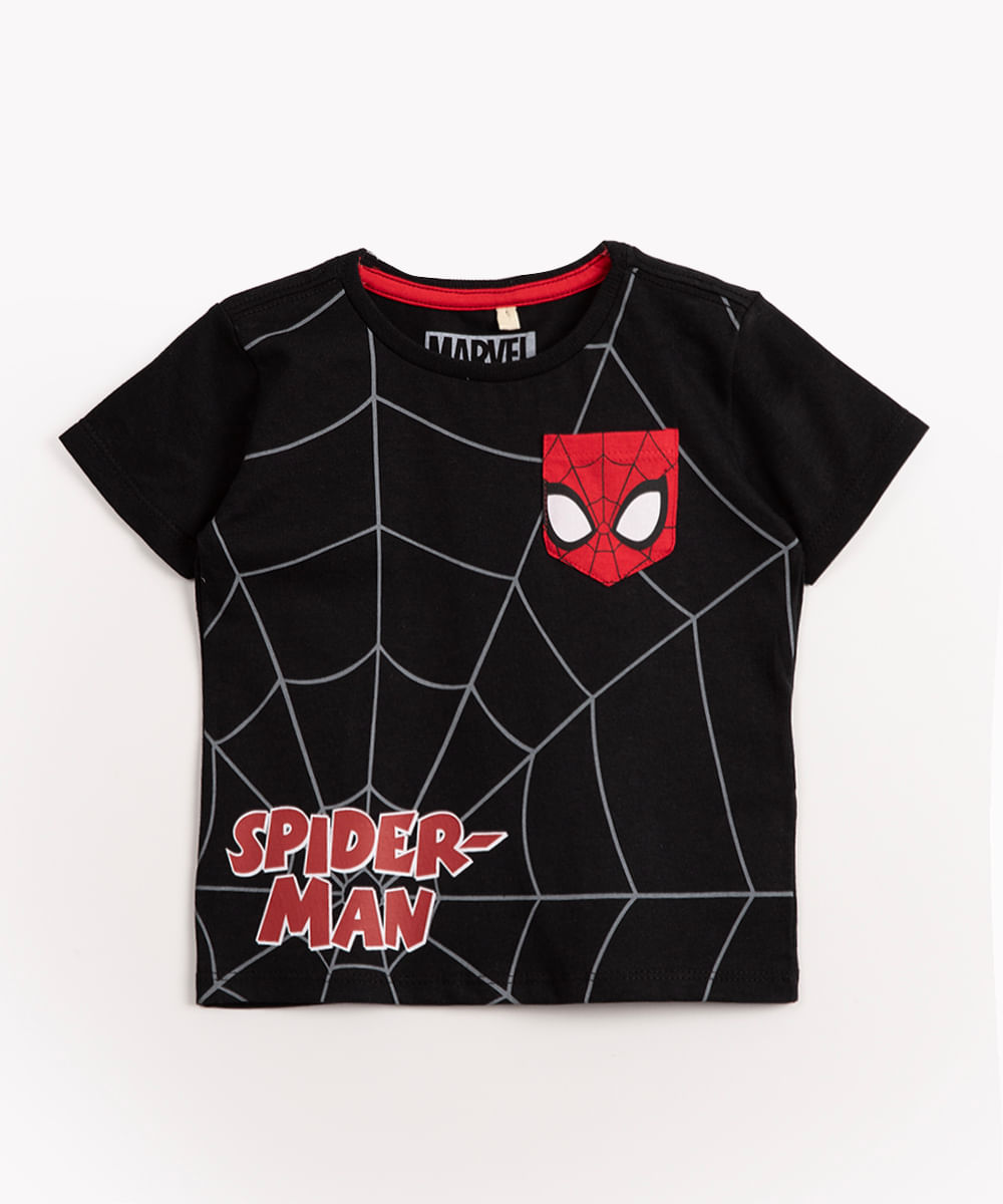 camiseta de malha infantil homem aranha manga curta preta