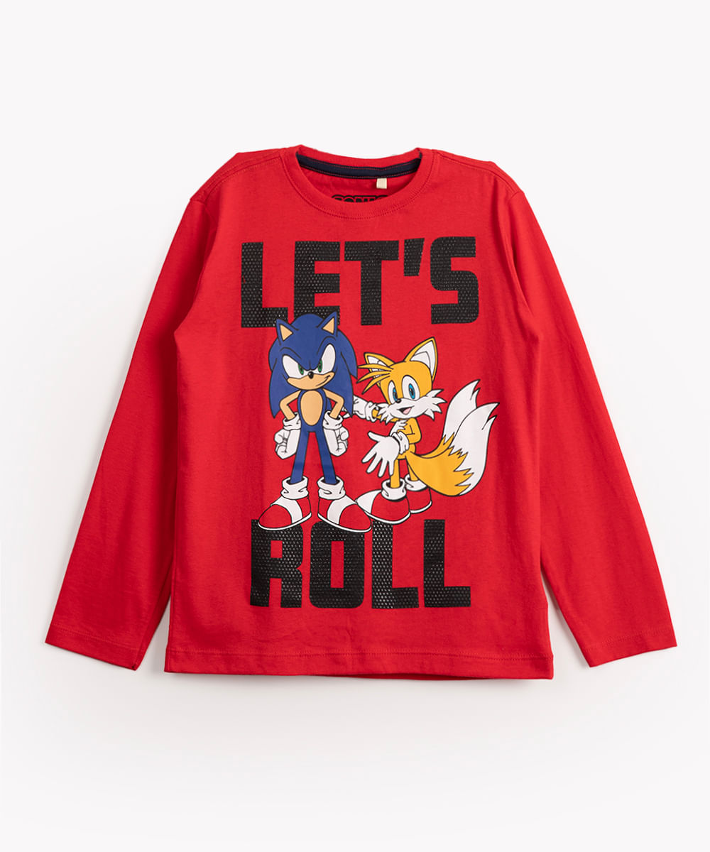 camiseta de malha infantil Sonic manga longa vermelho