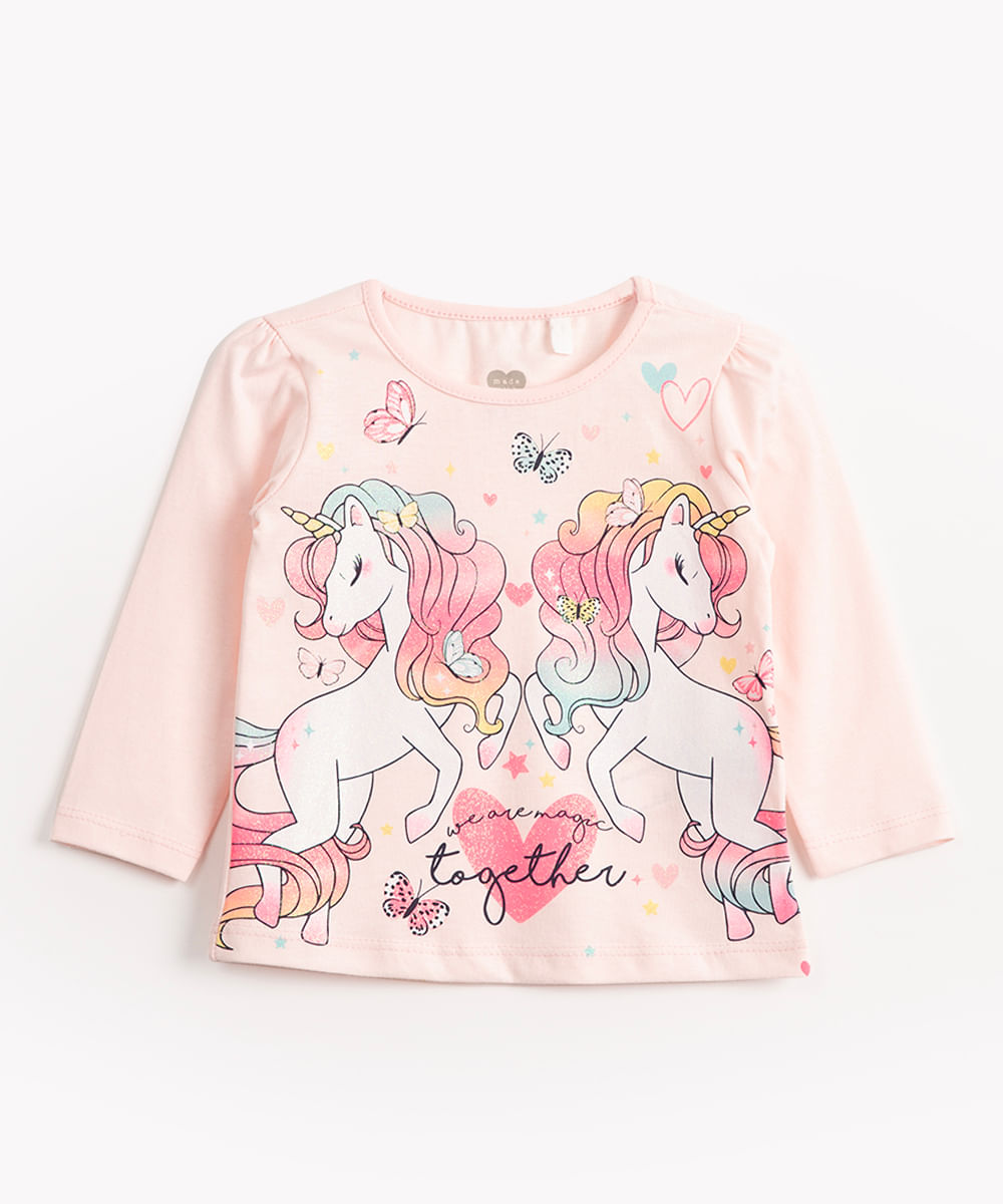 blusa de malha infantil unicórnios manga longa rosa claro