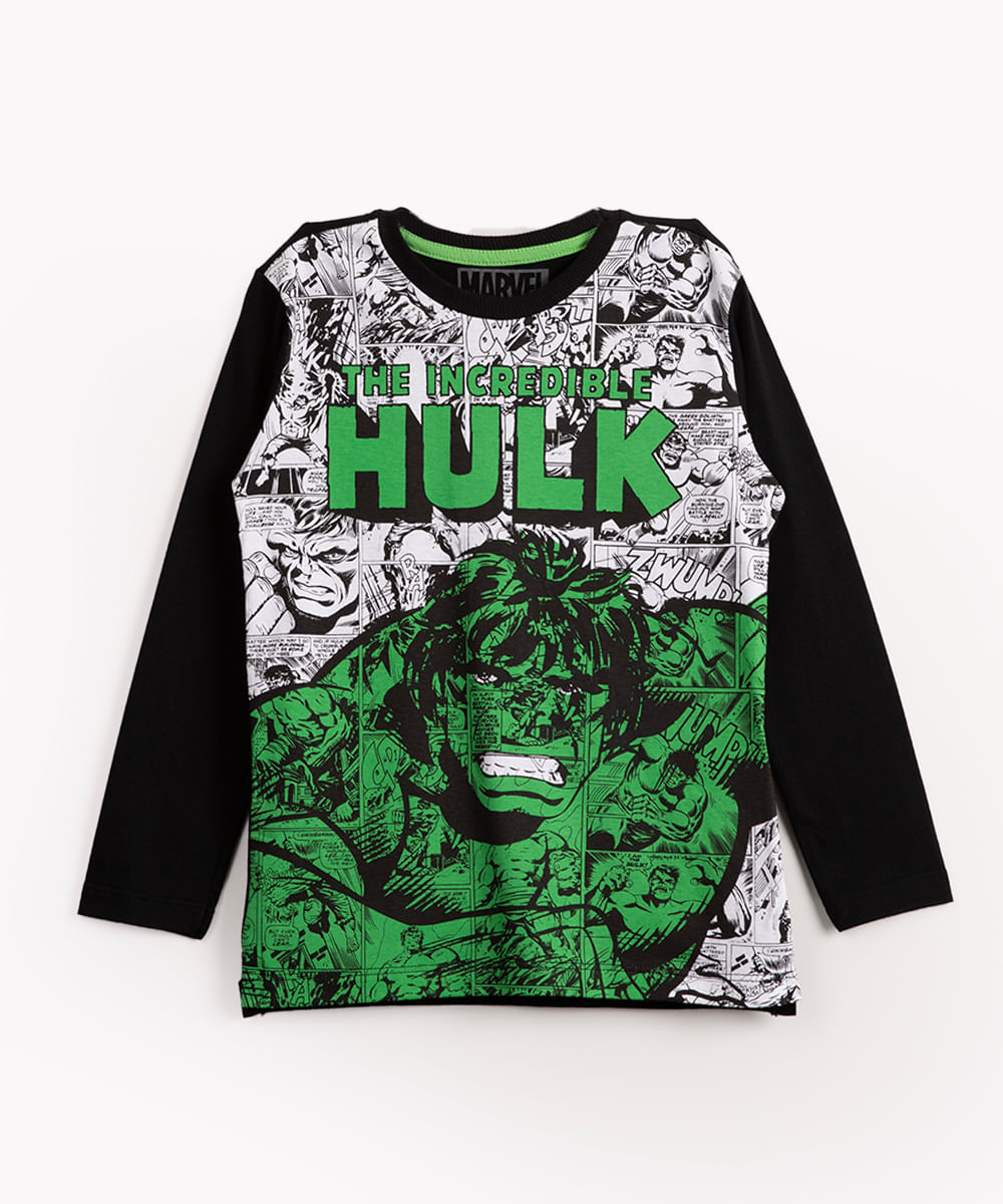 camiseta de malha infantil hulk manga longa preta