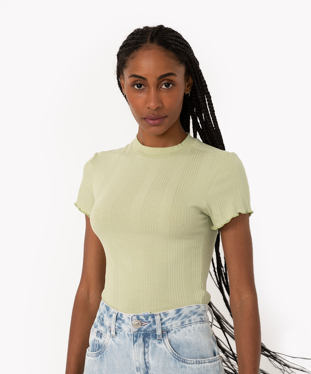 blusa de malha canelada manga curta fru fru verde claro