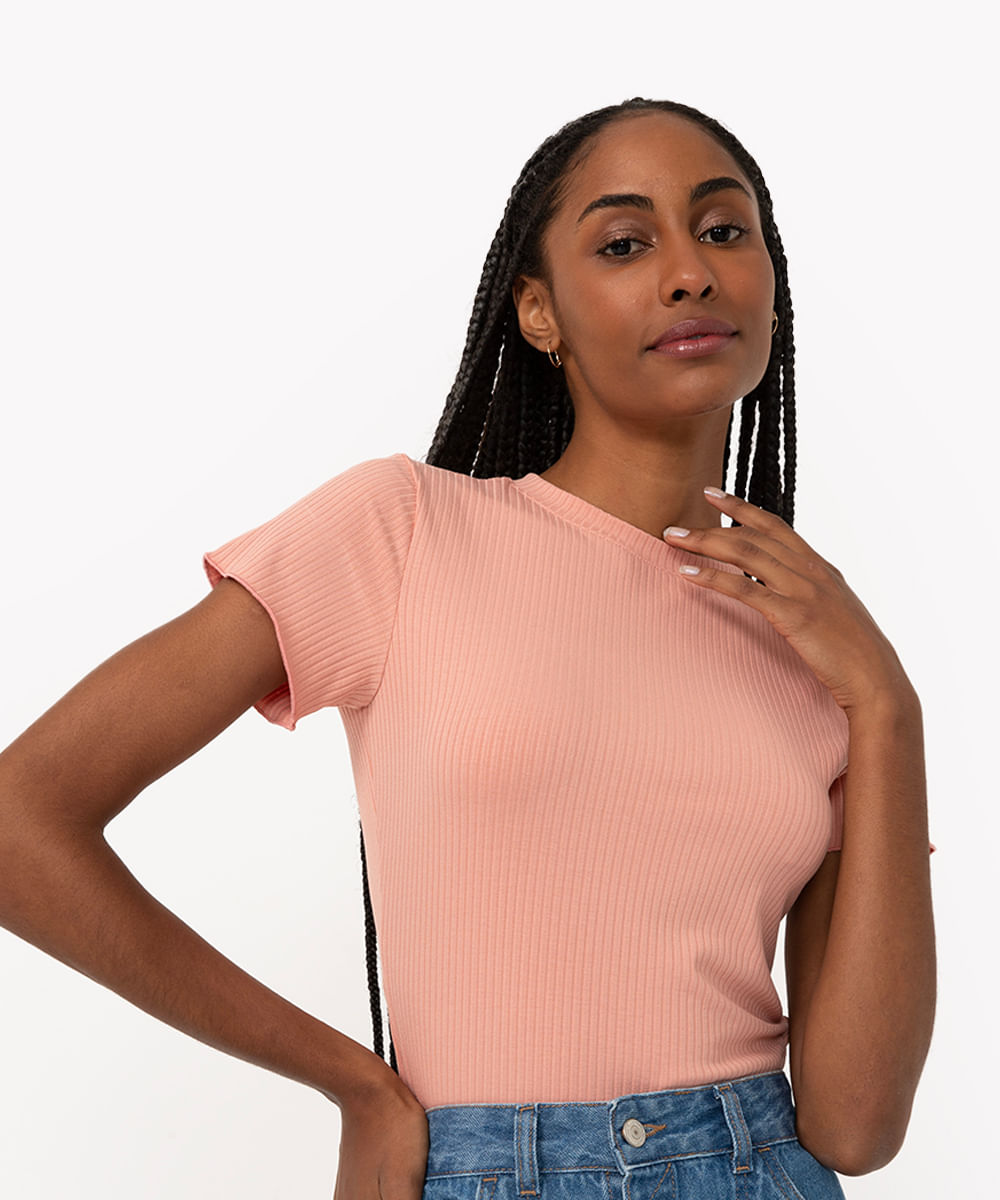 blusa de malha canelada manga curta fru fru rosa claro