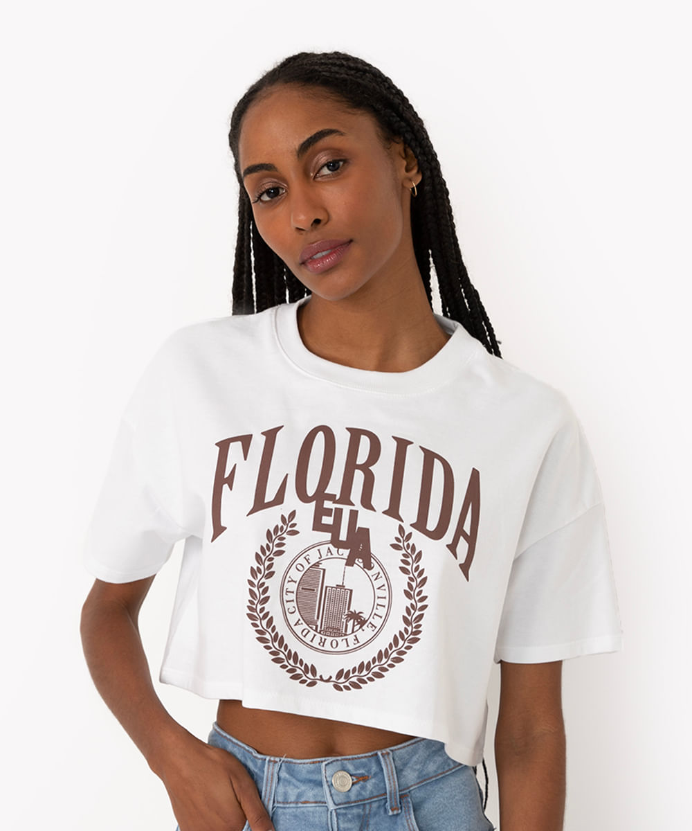 blusa cropped de moletinho florida manga curta off White