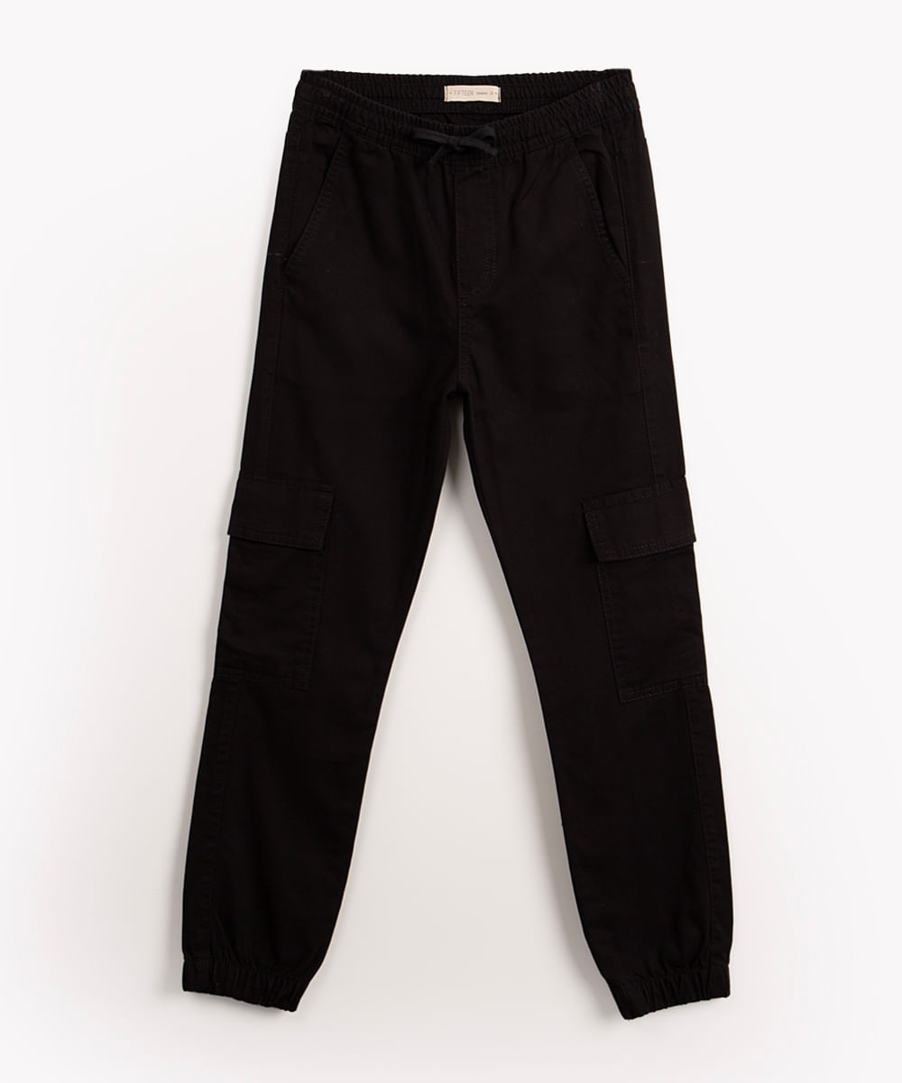 calça de sarja juvenil jogger cargo preta