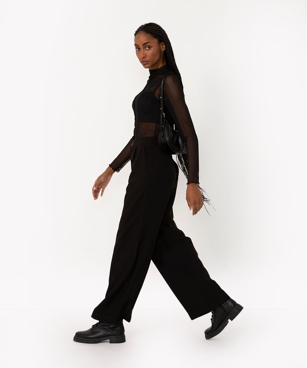 calça wide leg de viscose cintura alta preto