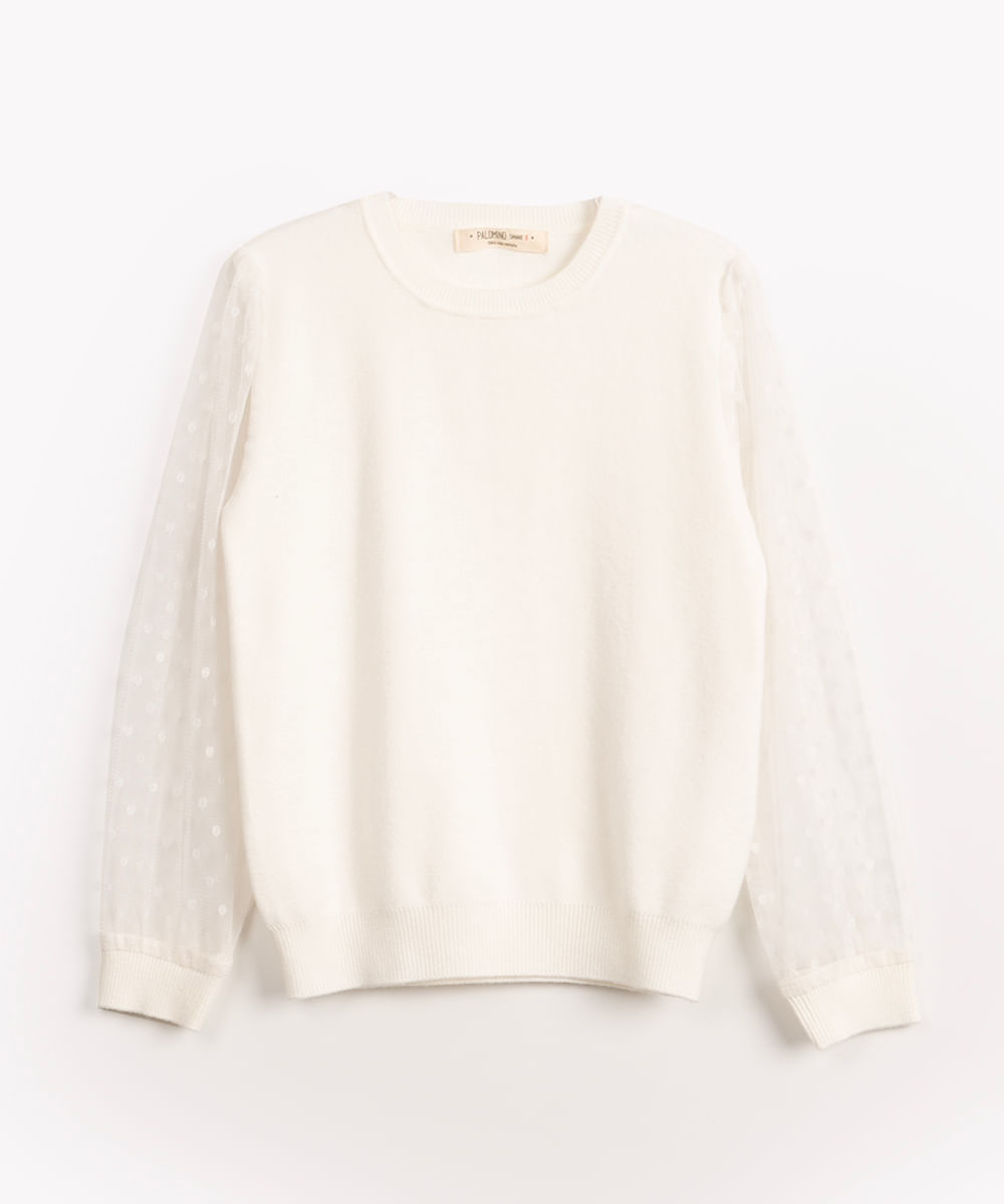 blusa de tricô infantil manga longa em tule off White