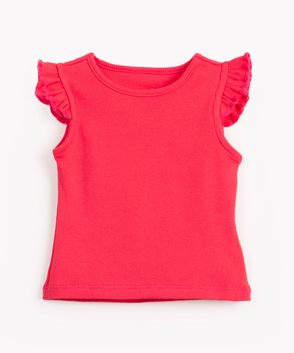 blusa infantil malha canelada com babado rosa escuro