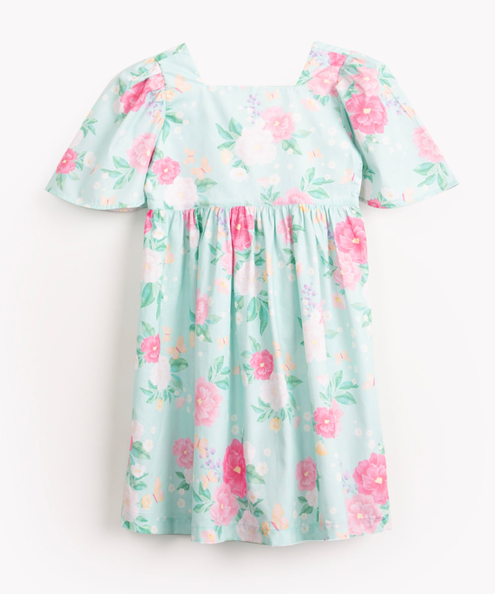 vestido infantil de algodão floral manga curta verde claro