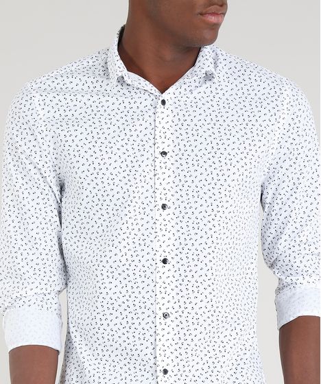Camisa Masculina Slim Estampada Floral Manga Longa Branca Cea