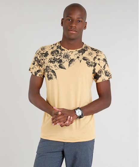 Camiseta-Masculina-com-Estampa-Floral-Manga-Curta-Gola-Careca-Mostarda-9324587-Mostarda_1