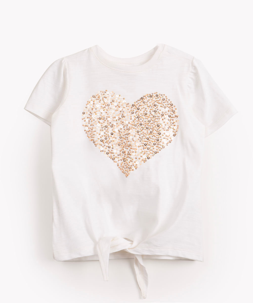 blusa infantil de malha coração paetê manga curta off white