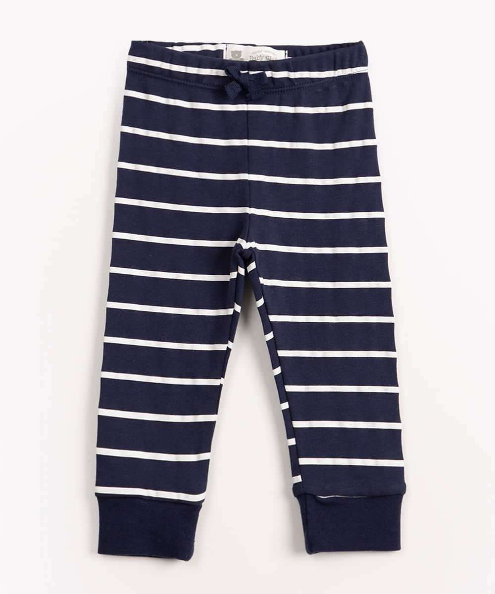 calça infantil de malha listrada azul marinho