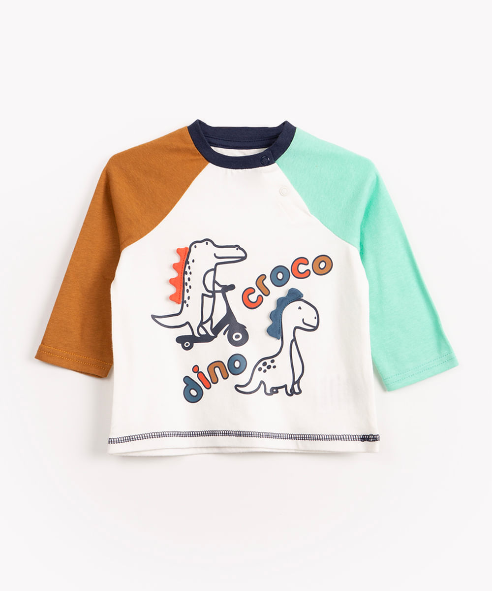 camiseta infantil de malha dinossauro manga longa off White