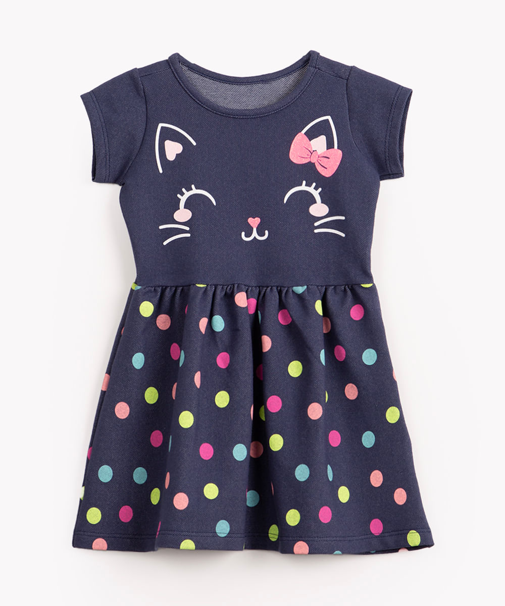 vestido de malha infantil gatinha manga curta azul escuro