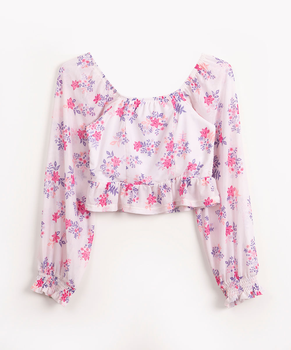 blusa cropped infantil de tule floral com babado off white