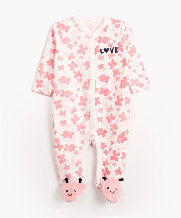 macacão infantil de malha borboletas manga longa rosa 3-6