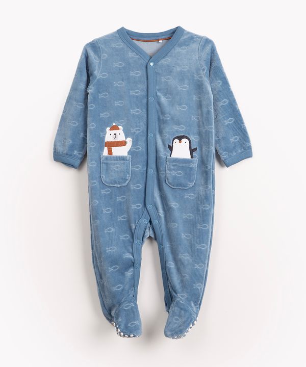 macacão infantil em plush pinguin e urso com bolsos azul 0-3