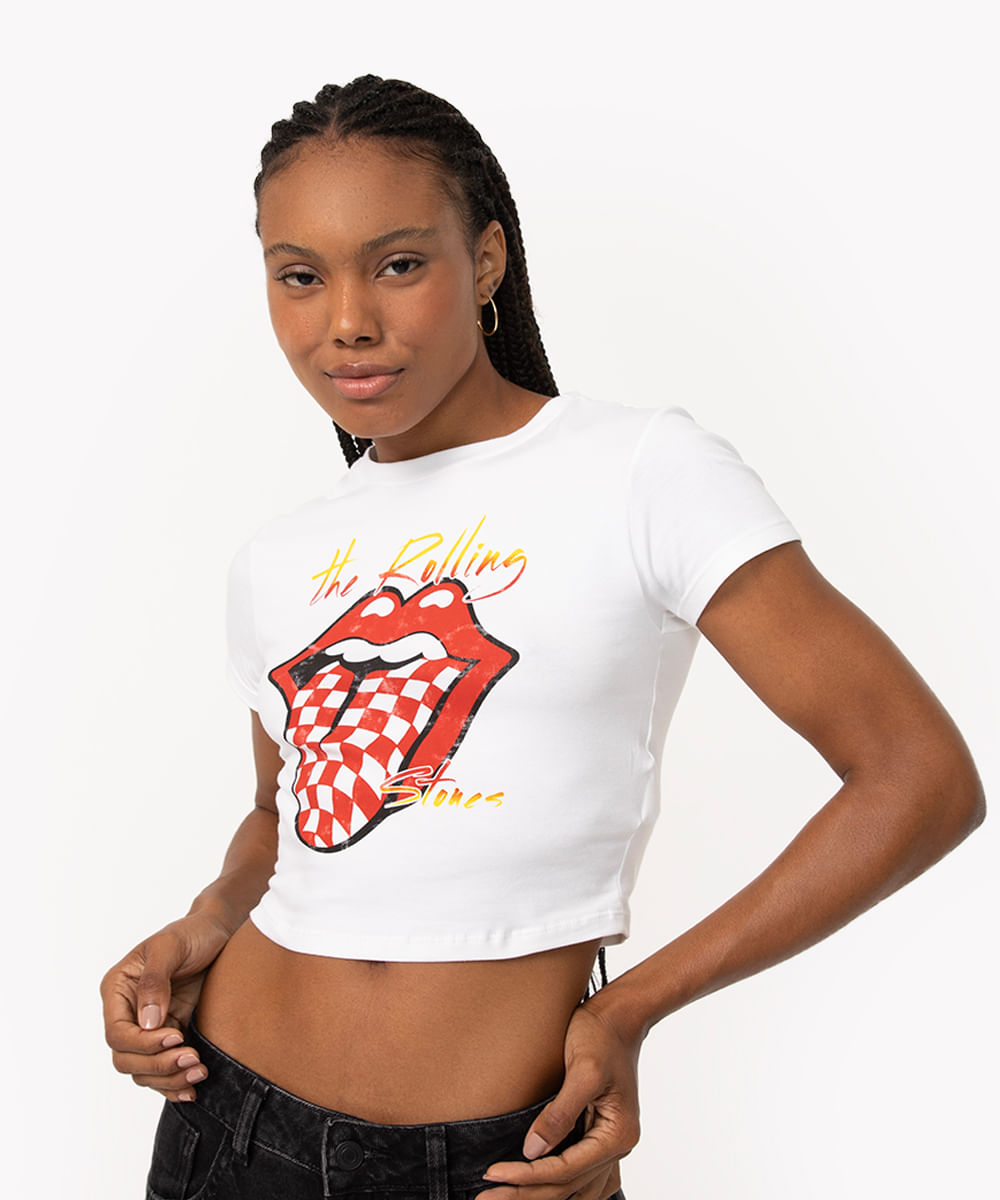 blusa cropped de malha rolling Stones manga curta off white