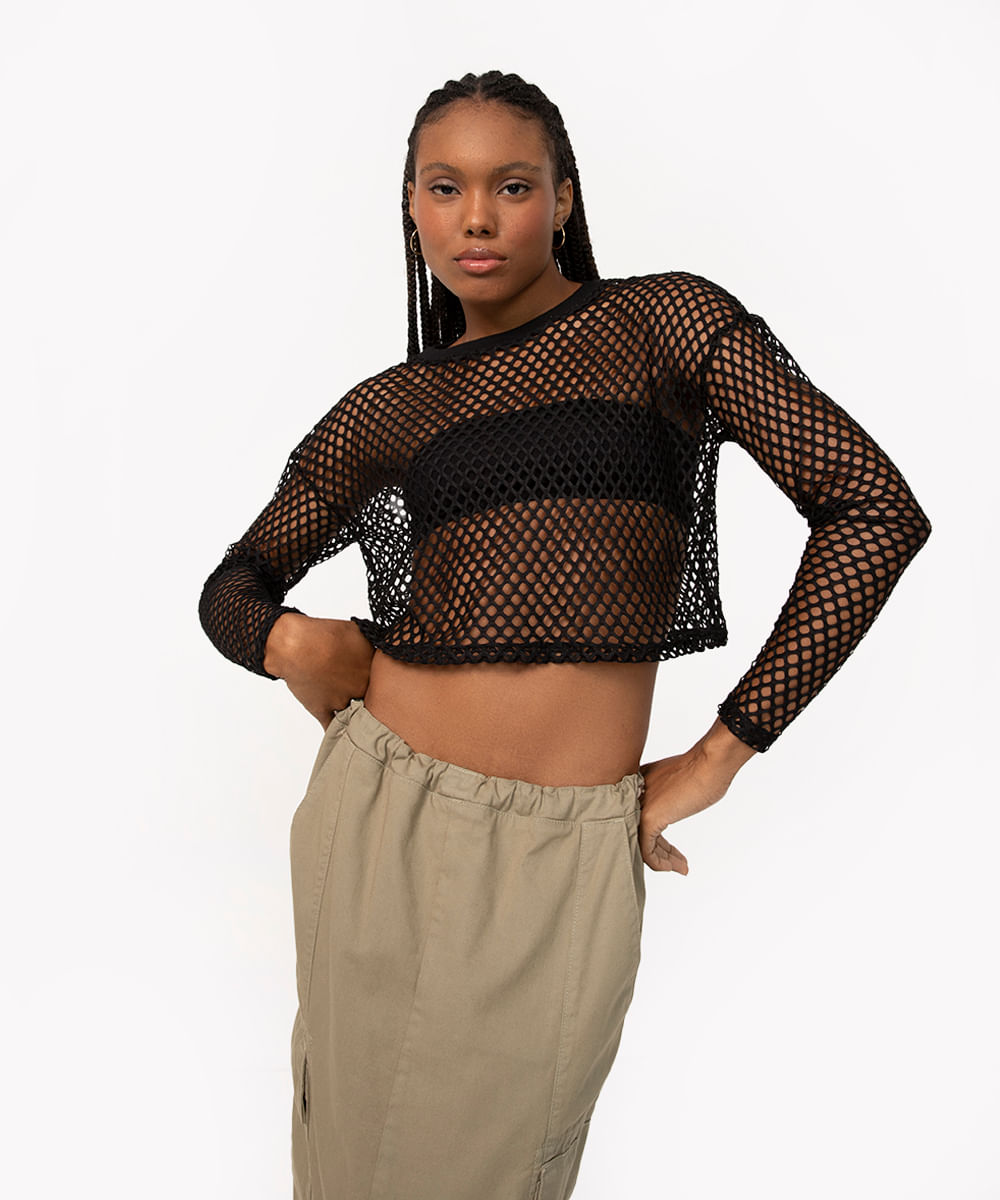 blusa cropped malha tela manga longa preto