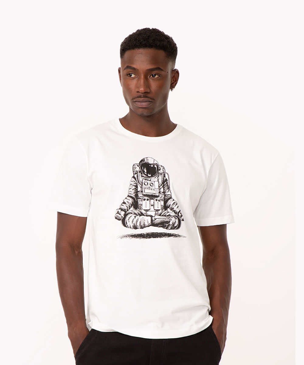 Camiseta de Algodão Astronauta Manga Curta Gola Careca Branca