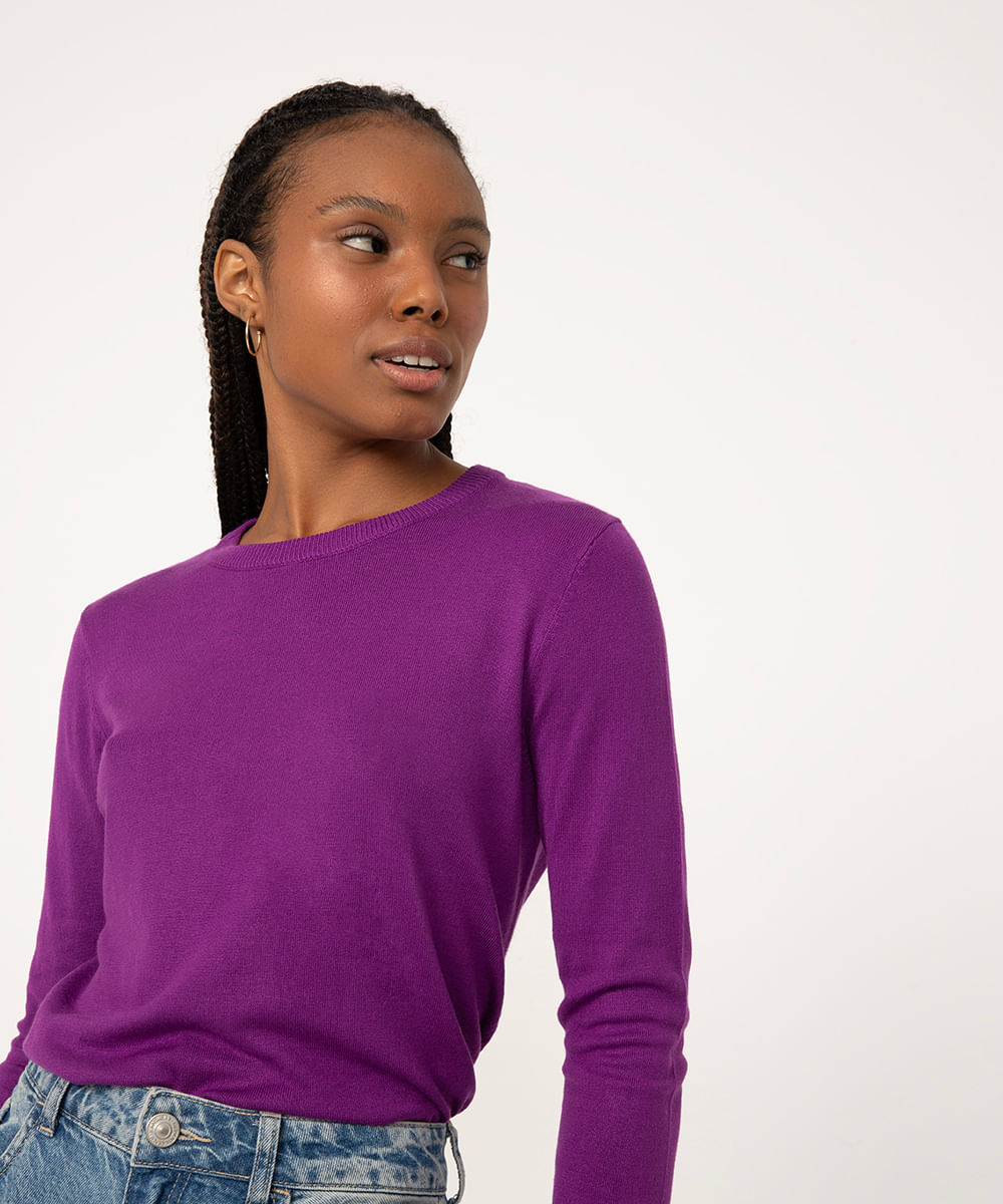 suéter de tricot manga longa básico roxo
