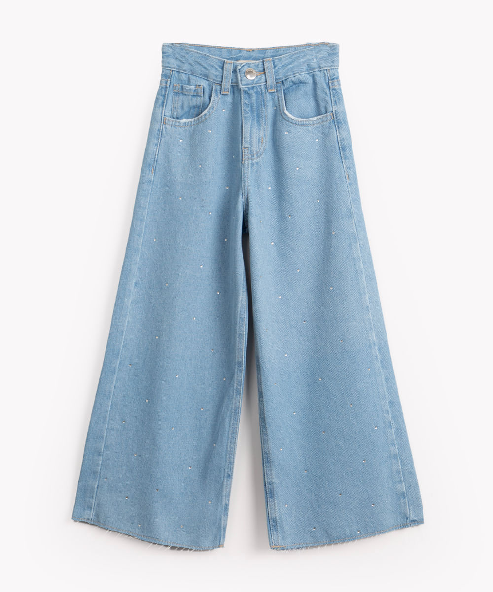 calça jeans infantil wide leg com brilho azul claro