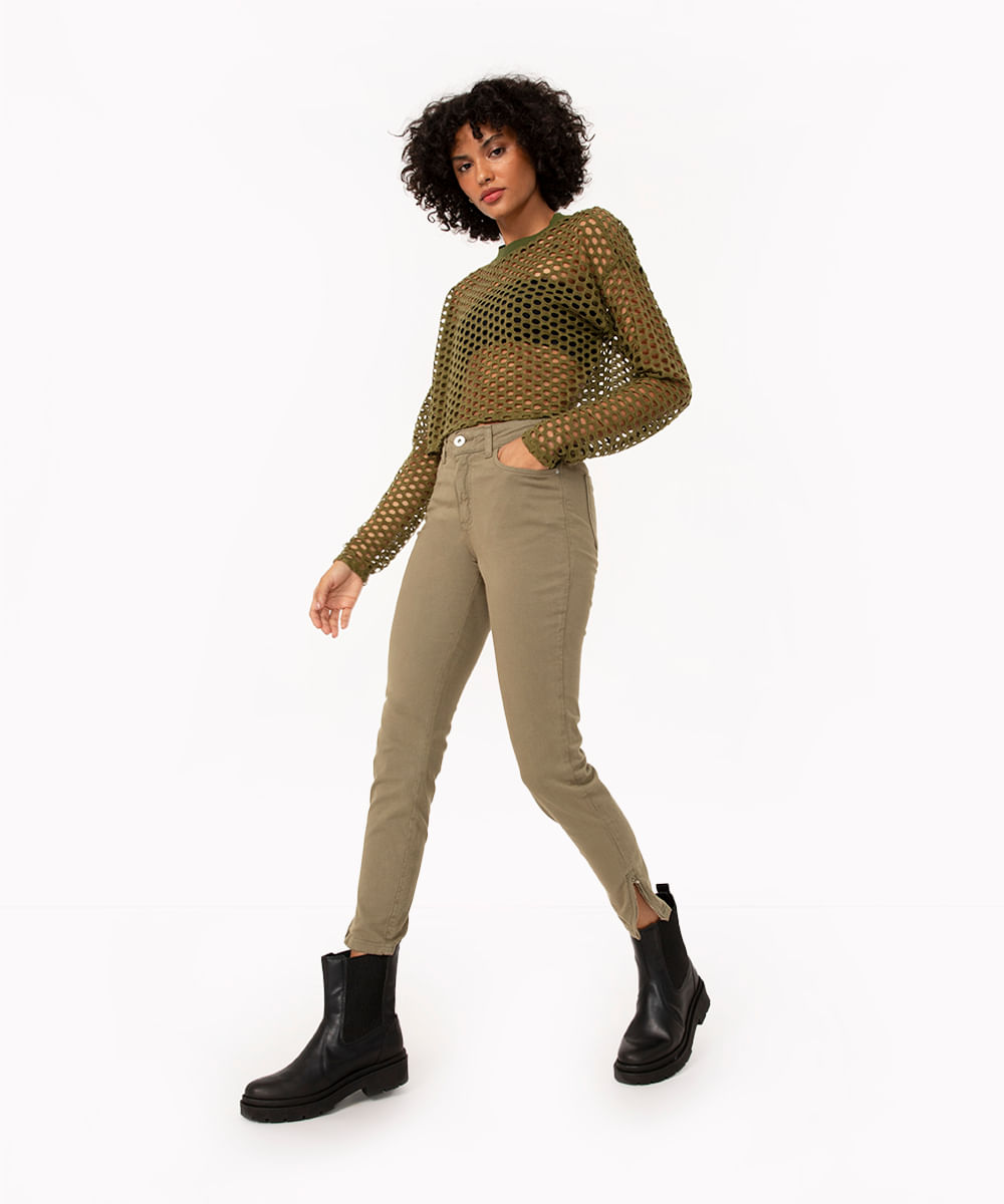 calça de sarja super skinny cintura média com zíper verde escuro