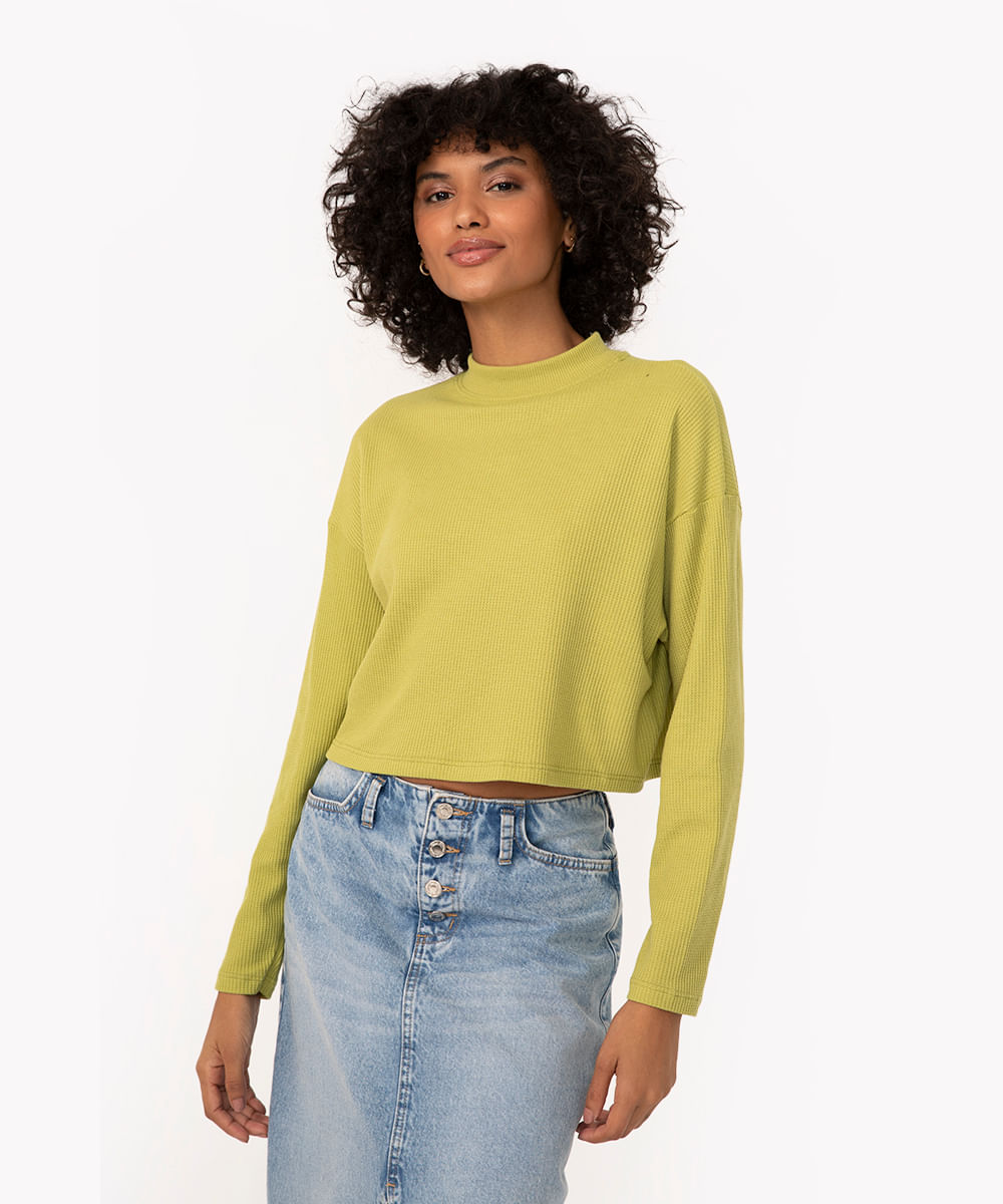 blusa texturizada básica manga longa verde