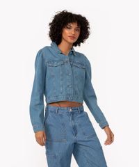 jaqueta jeans cropped manga bufante com botões azul médio