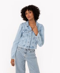 jaqueta jeans cropped manga bufante com botões azul claro