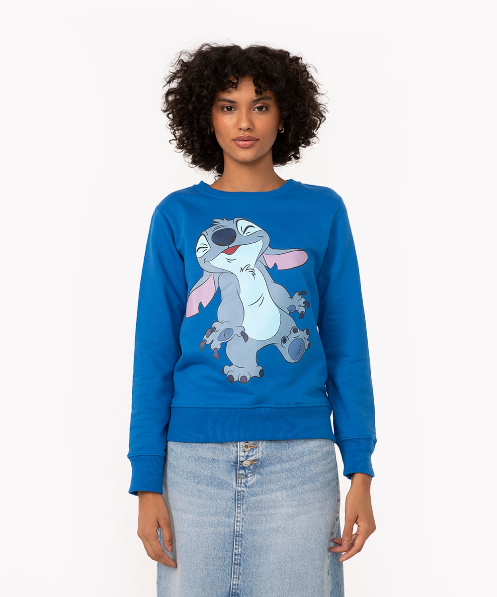 blusa de moletom stitch decote redondo azul