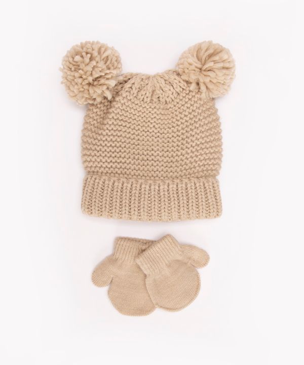 kit infantil de gorro e luvas de tricô pompom bege Único