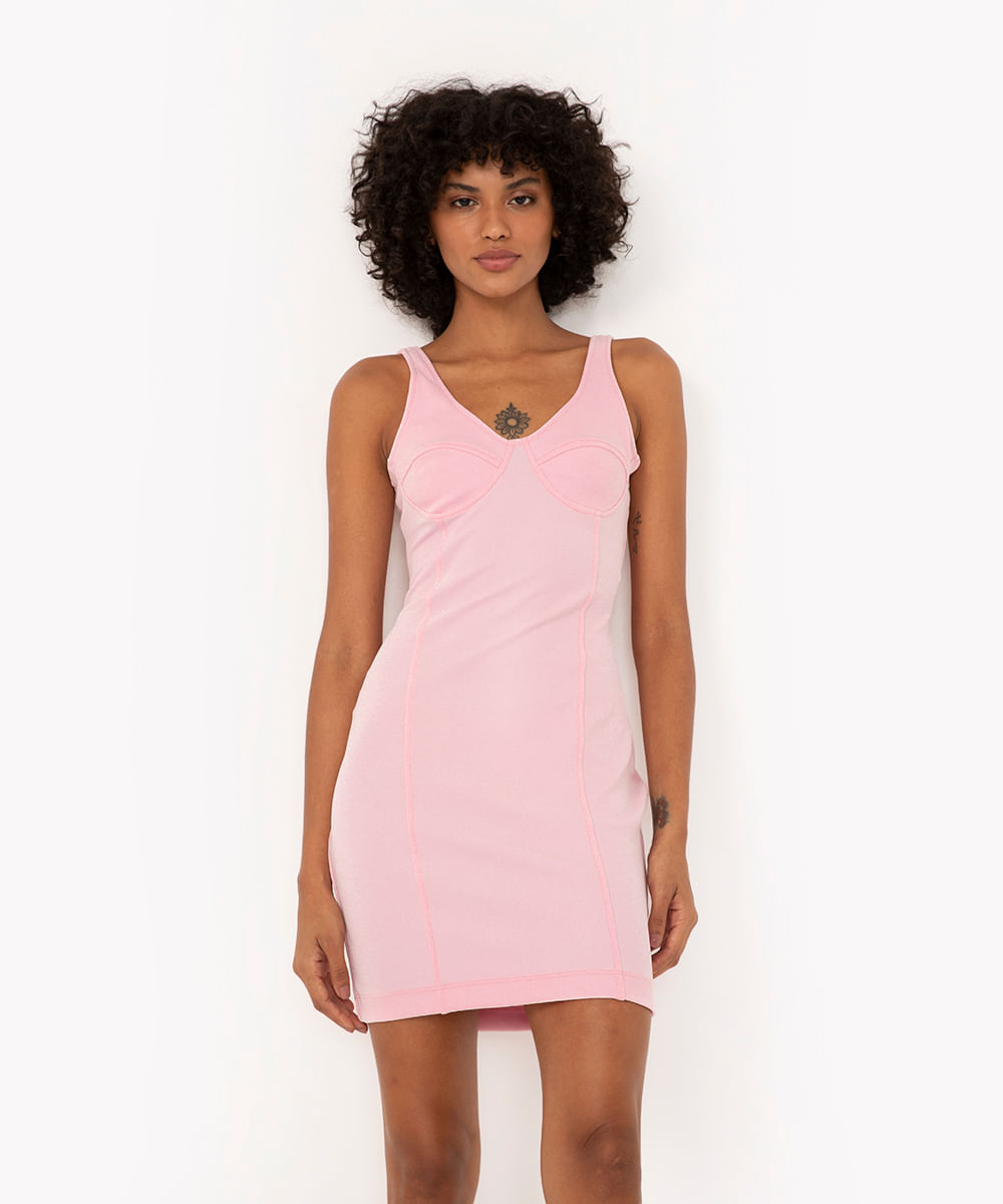 vestido curto com recortes alça fina rosa