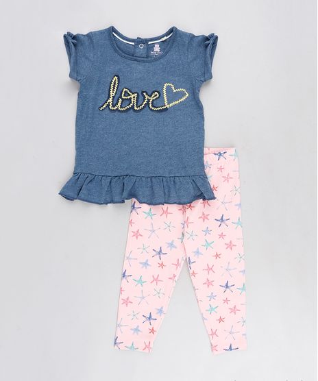 Conjunto-Infantil-de-Blusa--Love--Manga-Curta-Azul-Marinho---Calca-Legging-Estampada-de-Estrela-do-Mar-Rosa-9125740-Rosa_1