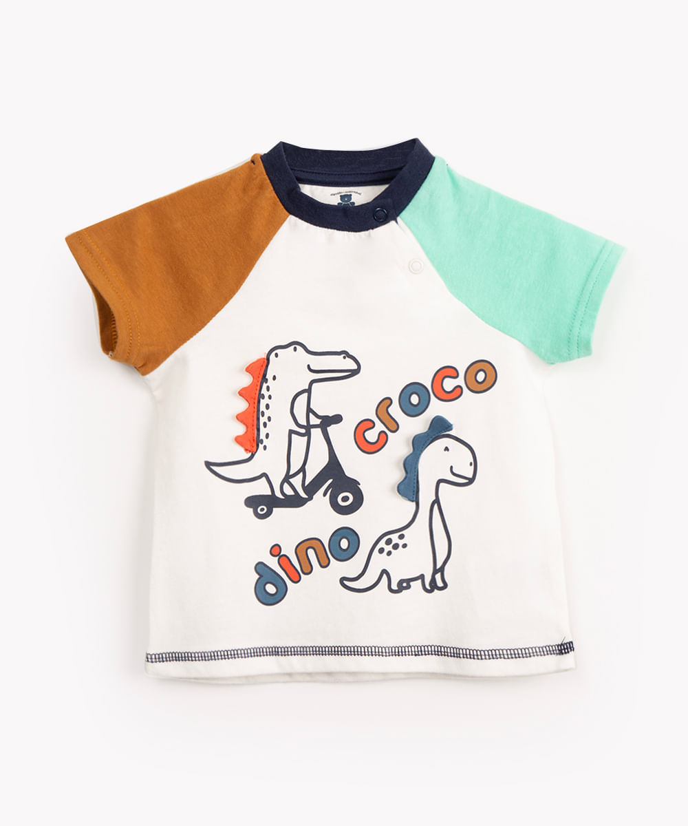 camiseta infantil de algodão manga curta croco dino off white