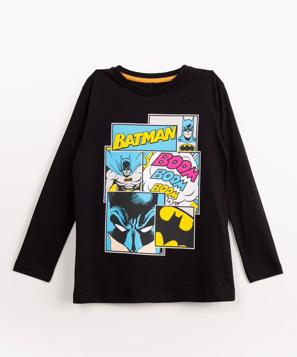 camiseta infantil de algodão manga longa batman preto