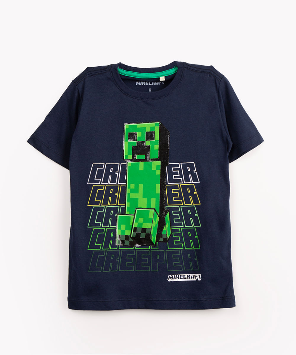 camiseta infantil de algodão manga curta minecraft azul marinho