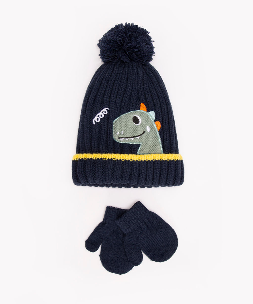 kit infantil de gorro e luvas de tricô dinossauro azul marinho