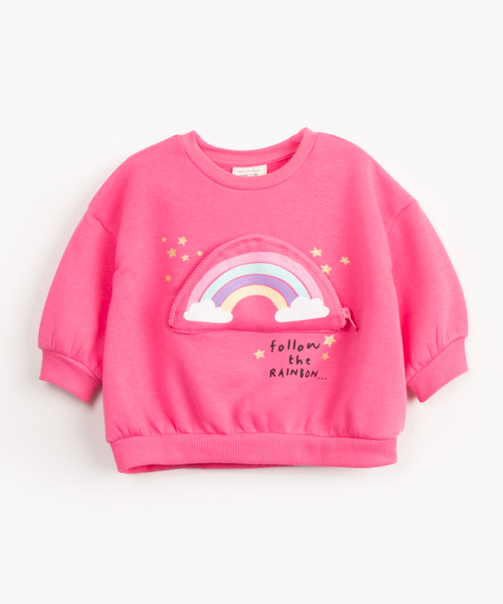 blusa infantil de moletom manga longa arco íris pink