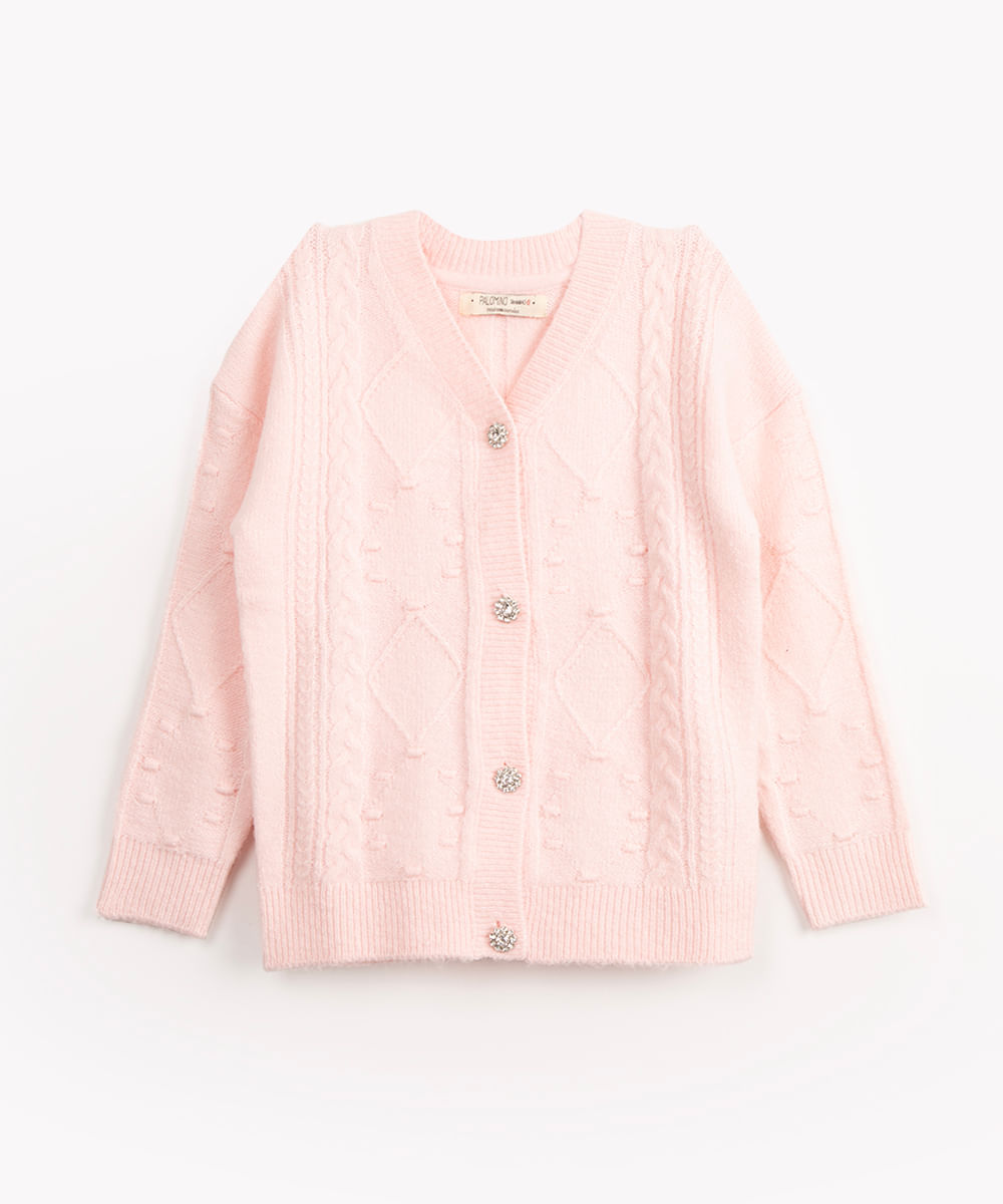 cardigan infantil de tricô botões strass rosa claro