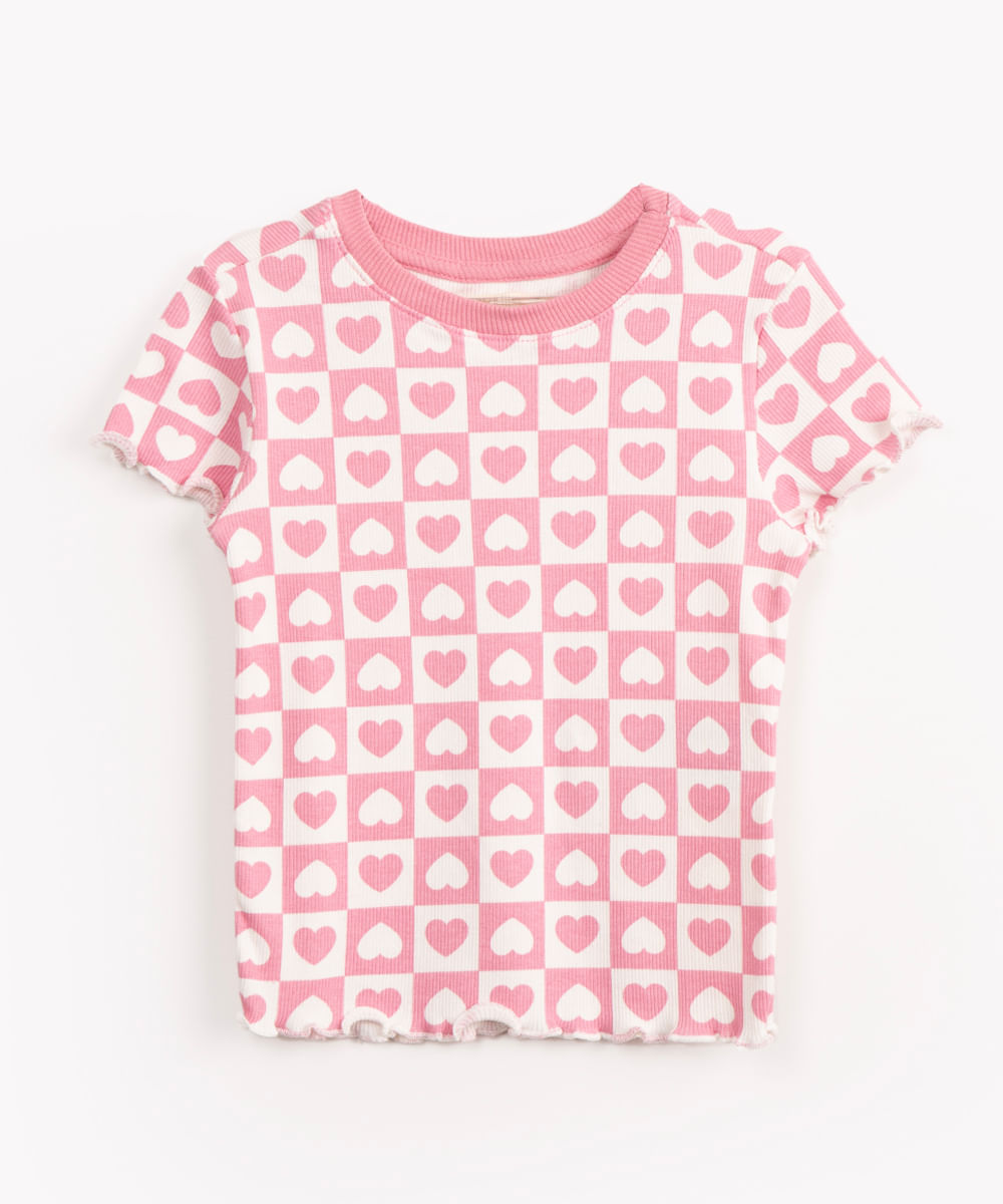 blusa infantil manga curta corações rosa