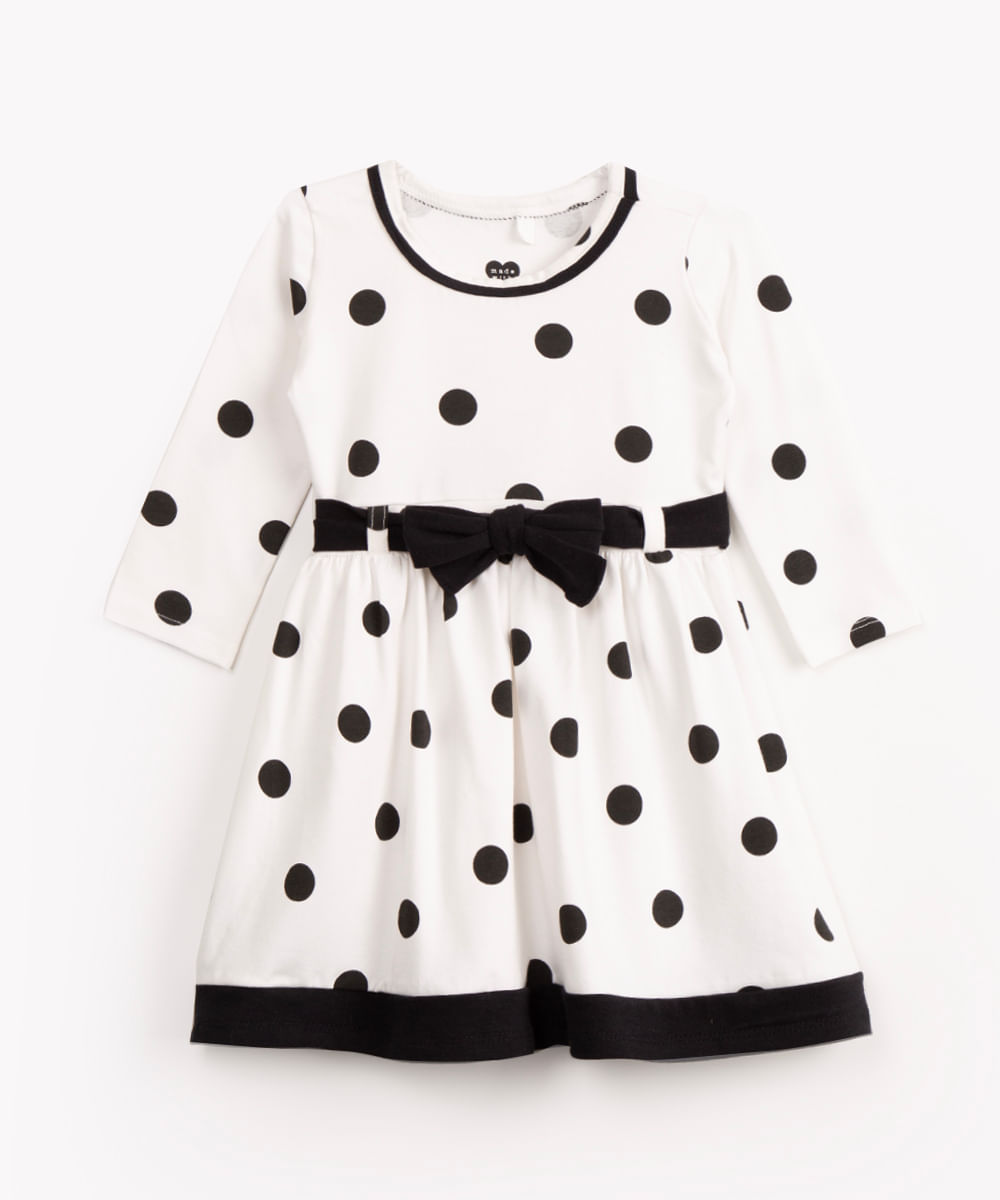 vestido infantil manga longa poá com laço off white