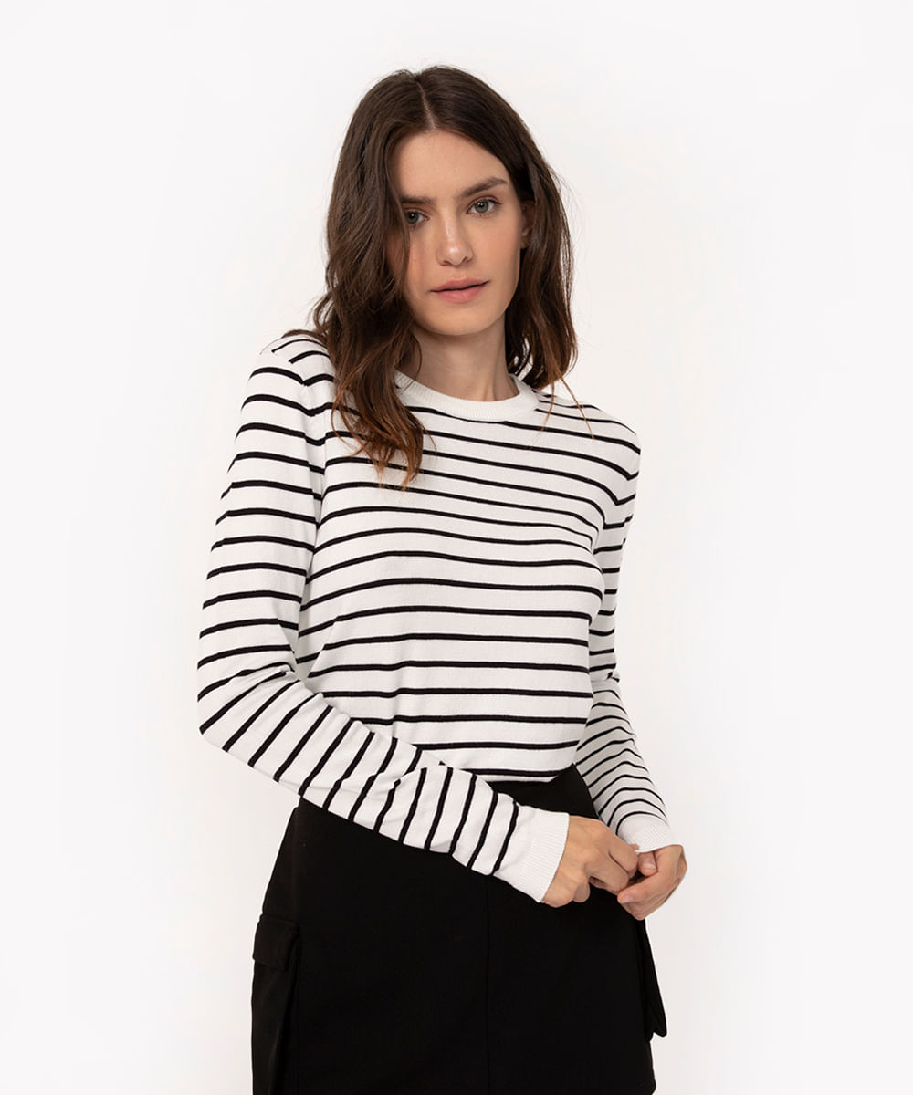 suéter de tricot básico listrado - off white