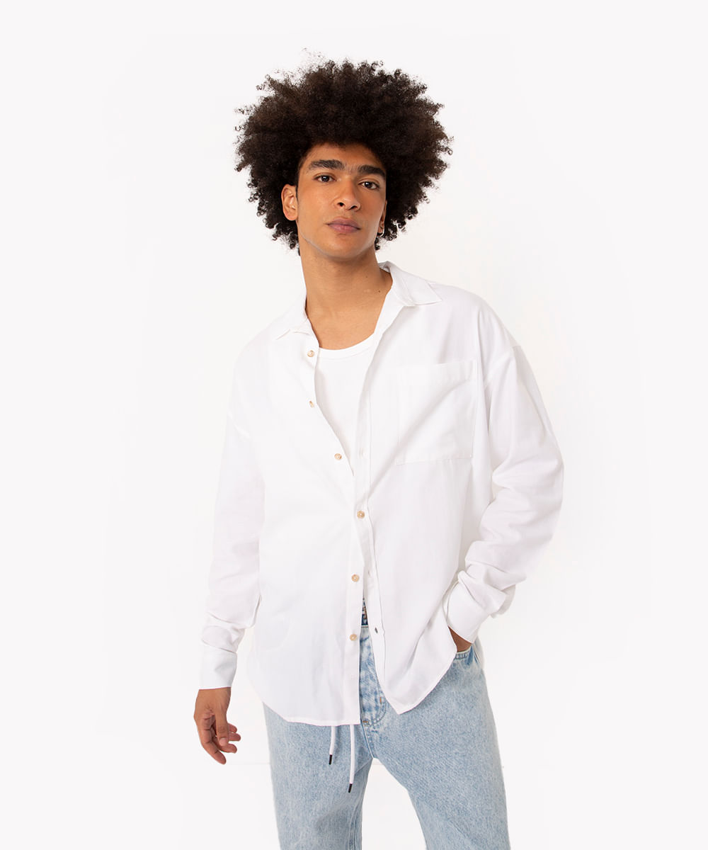 camisa oversized oxford com bolso manga longa off white