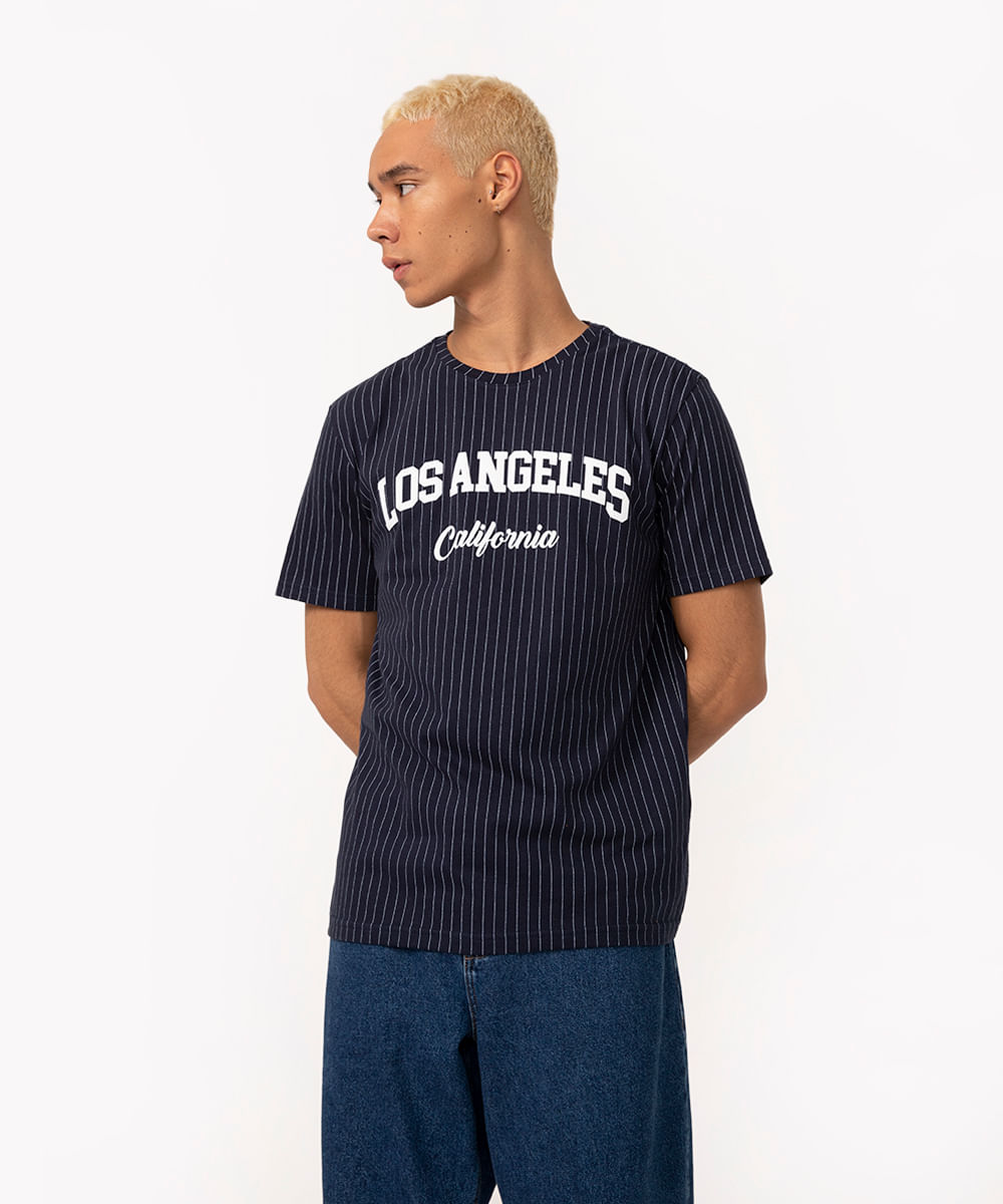 camiseta de algodão manga curta listrada los angeles azul marinho