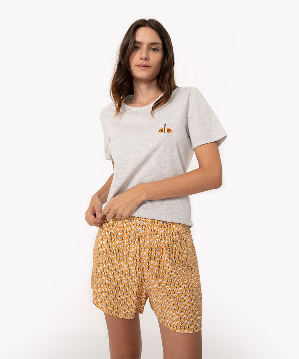 pijama short doll de algodão manga curta mariposa amarelo