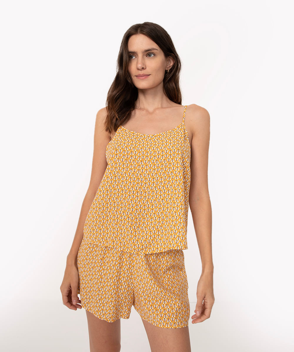 pijama short doll de viscose alça fina mariposa amarelo