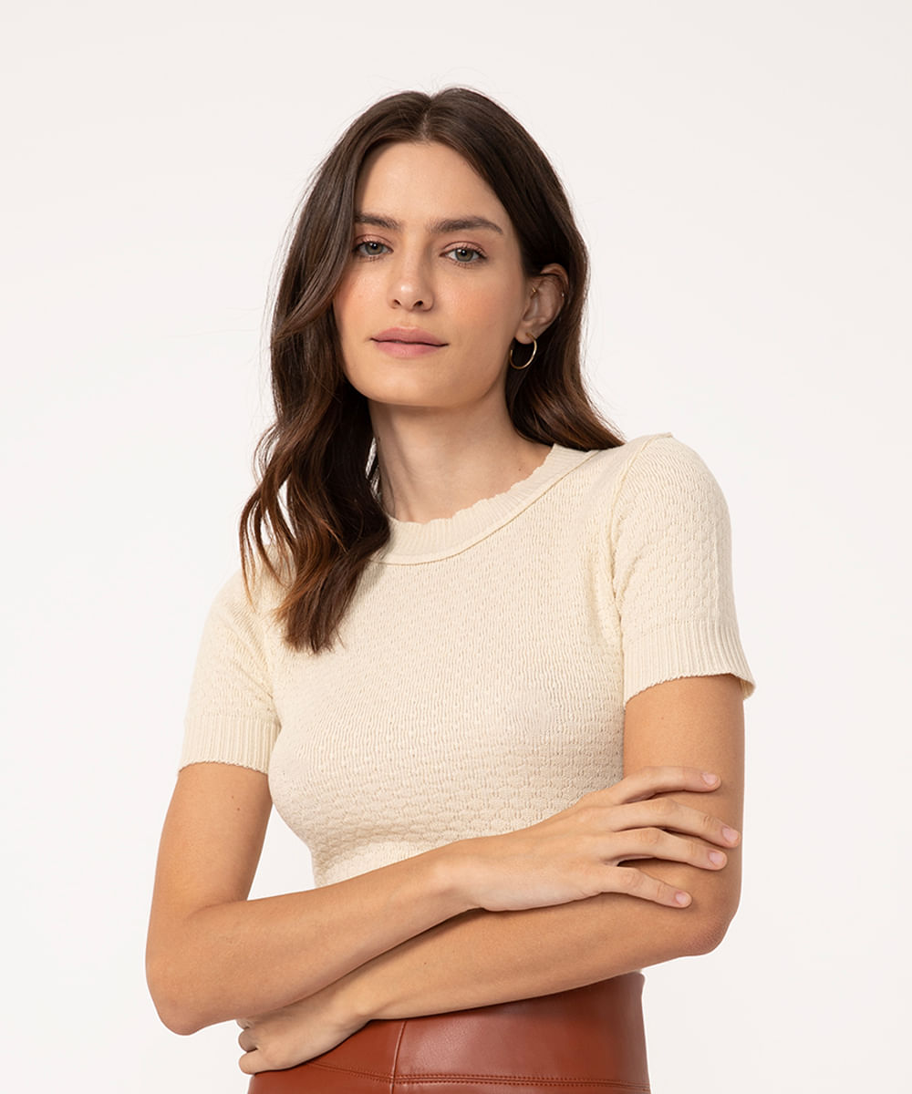 blusa de tricot manga curta areia