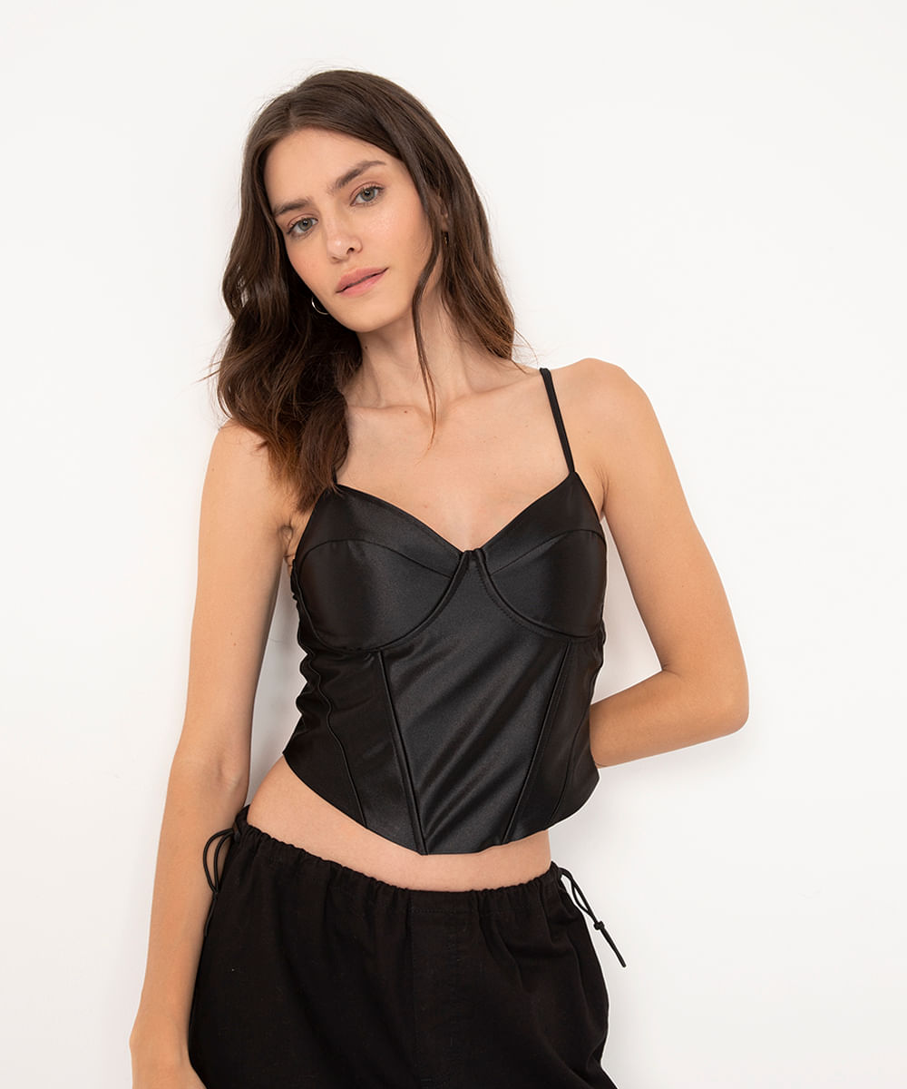 top cropped corset acetinado preto